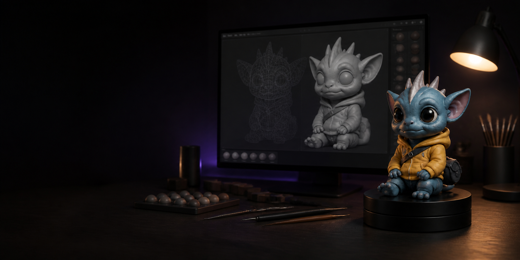 Wisad character beside an AI-assisted 3D design workspace